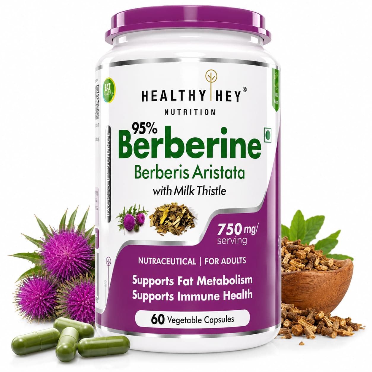 HealthyHey Berberis - Berberine 95% with milk Thistle - Support Weight Management & Healthy Glucose Levels Supplements - 750 mg Veg. 60 Capsules