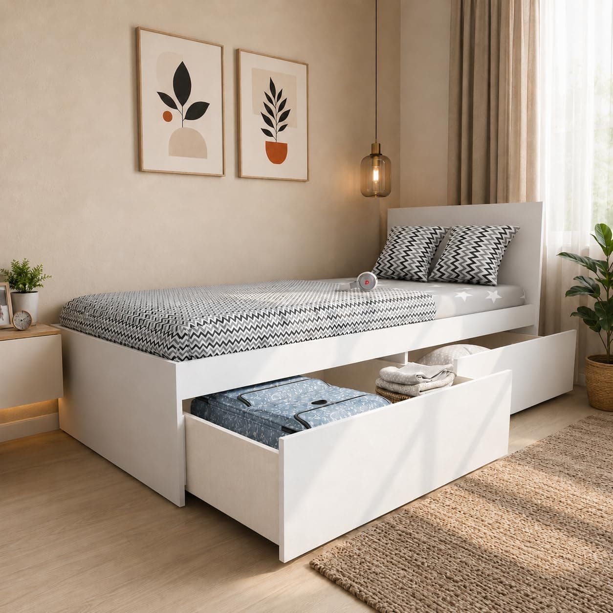 Studio Kook Tribe Single Bed with Headboard, 2 Drawers, Moonshine White | Mattress not included. Drawers fit either side, chosen at assembly; 203x95x90 cm, two 93x78x19 cm drawers on castors
