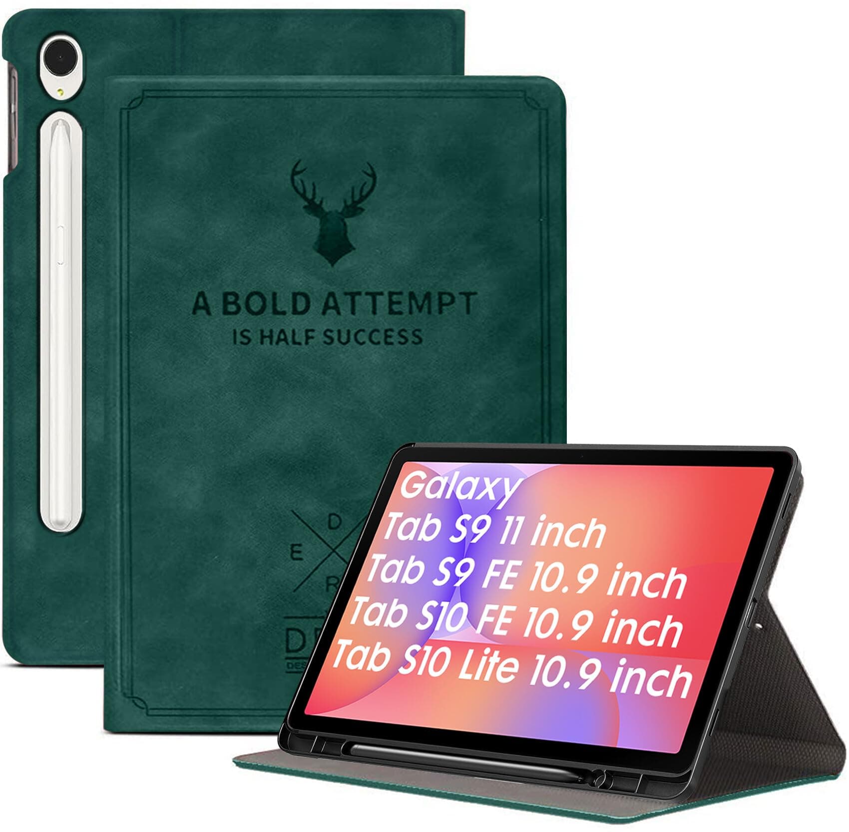 Robustrion Cover for Samsung Galaxy Tab S10 Lite 10.9" /Tab S9 FE/S10 FE/Tab S9 11" with [S Pen Holder] Deer Flip Case for Samsung Tab S10 FE/S9 FE/S10 Lite Tablet Cover [Auto Sleep Wake] - Dark Green