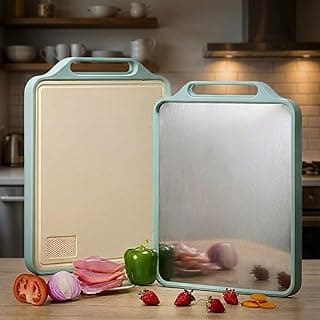 Empune Double Sided Chopping Board | Stainless Steel & Wheat Straw | Large Cutting Board 40x30cm | Anti-Bacterial Steel Side for Meat | Eco-Friendly Side for Sabzi, Fruits | Non-Slip TPE Border
