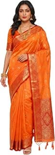 MIMOSA Women's Peach Art Silk Banarasi Saree (Unstitched Blouse) 6.2 Mtrs