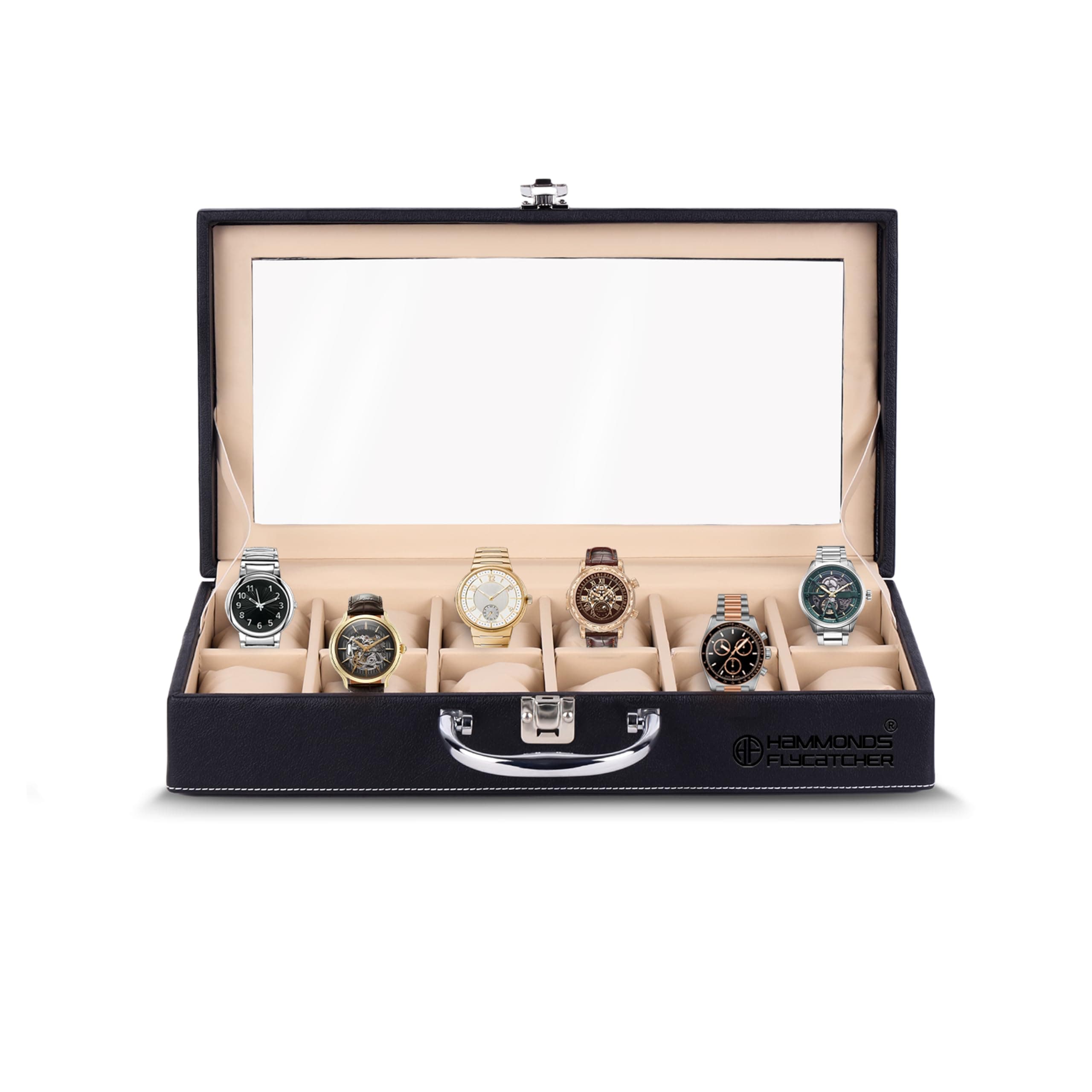 HAMMONDS FLYCATCHER Premium Men's and Women's Watch Box Organiser 12 Slots - Vegan Leather Watch Organizer with Glass Window, Luxury Watches Display Case for Collectors, Gift Ready Case - Matte Black