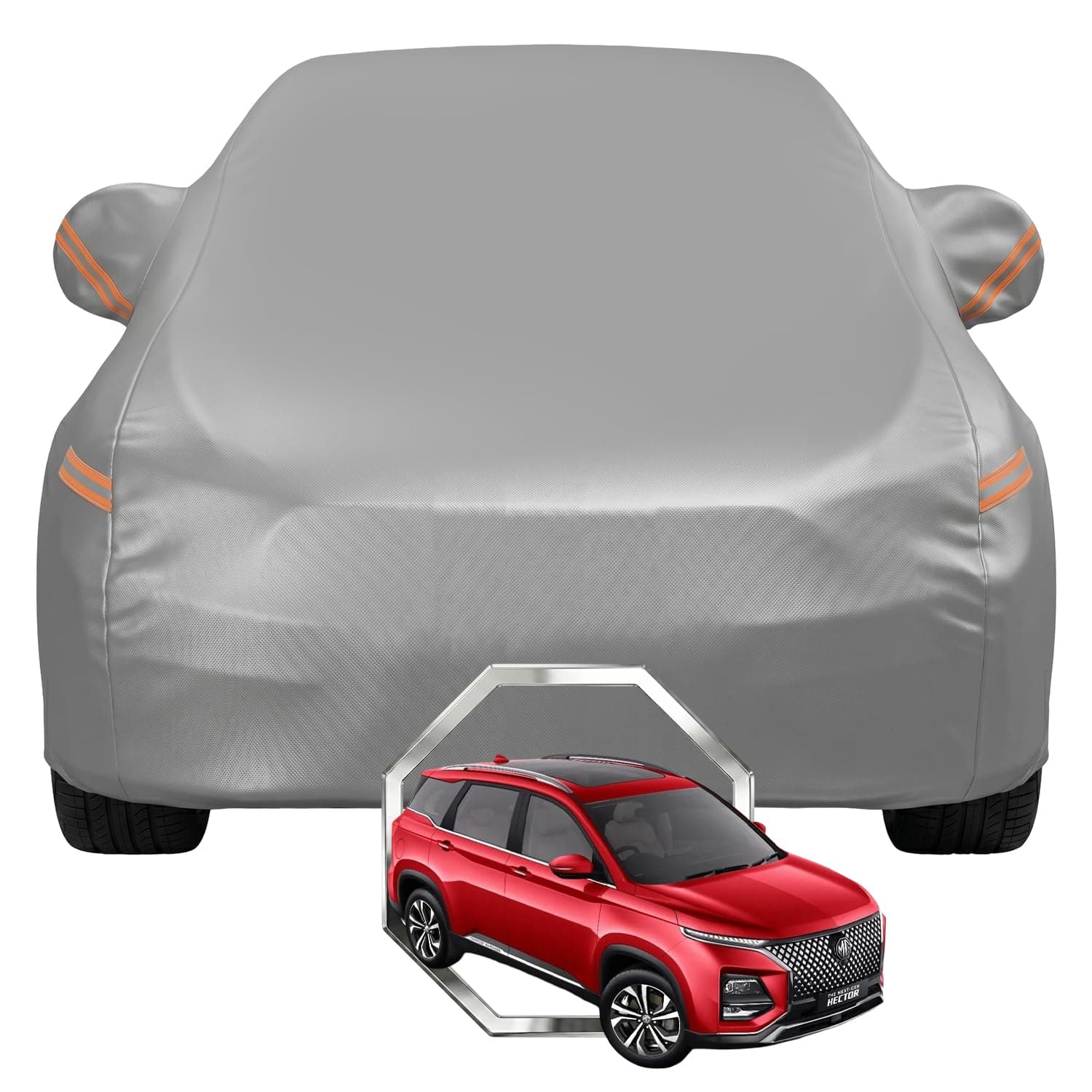 Pivalo Car Cover for MG Hector All Model & Years with Mirror Pocket 100% Waterproof Triple Stitched Bottom Elastic Dust, Heat & UV Resistant Full Body Protection (Grey with Highlighter)