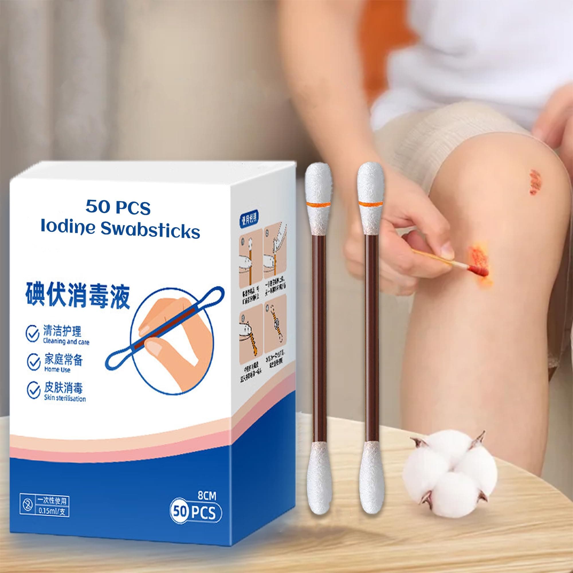 Kliffoo 50pcs Iodine Swabs Povidone Iodophor Swabsticks Sanitary First Aid Kit Emergency Wound Care Safety for Adult Kids,Outdoor,Portable Medical Cotton Swabs Nose and Ear Care