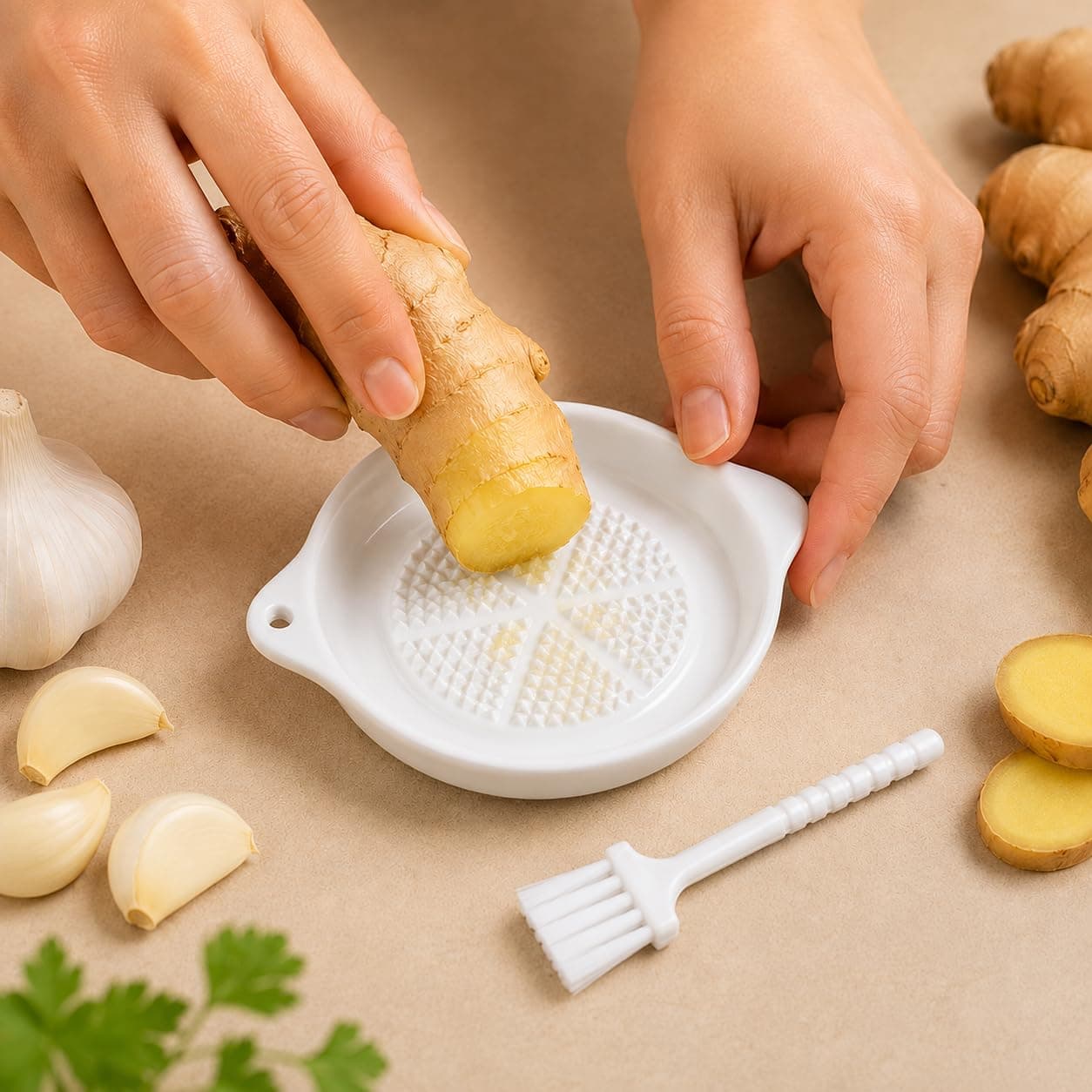FEBLICH Ceramic Garlic Grater Plate with Brush Manual Crusher Grinder Tool for Ginger, Garlic, Turmeric, Nutmeg, Fruits & Vegetables Durable, Easy to Clean, Non-Slip Kitchen Utensil (Small)
