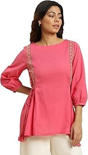 W for Woman Pink Embroidered Solid Top with Side Tie-up