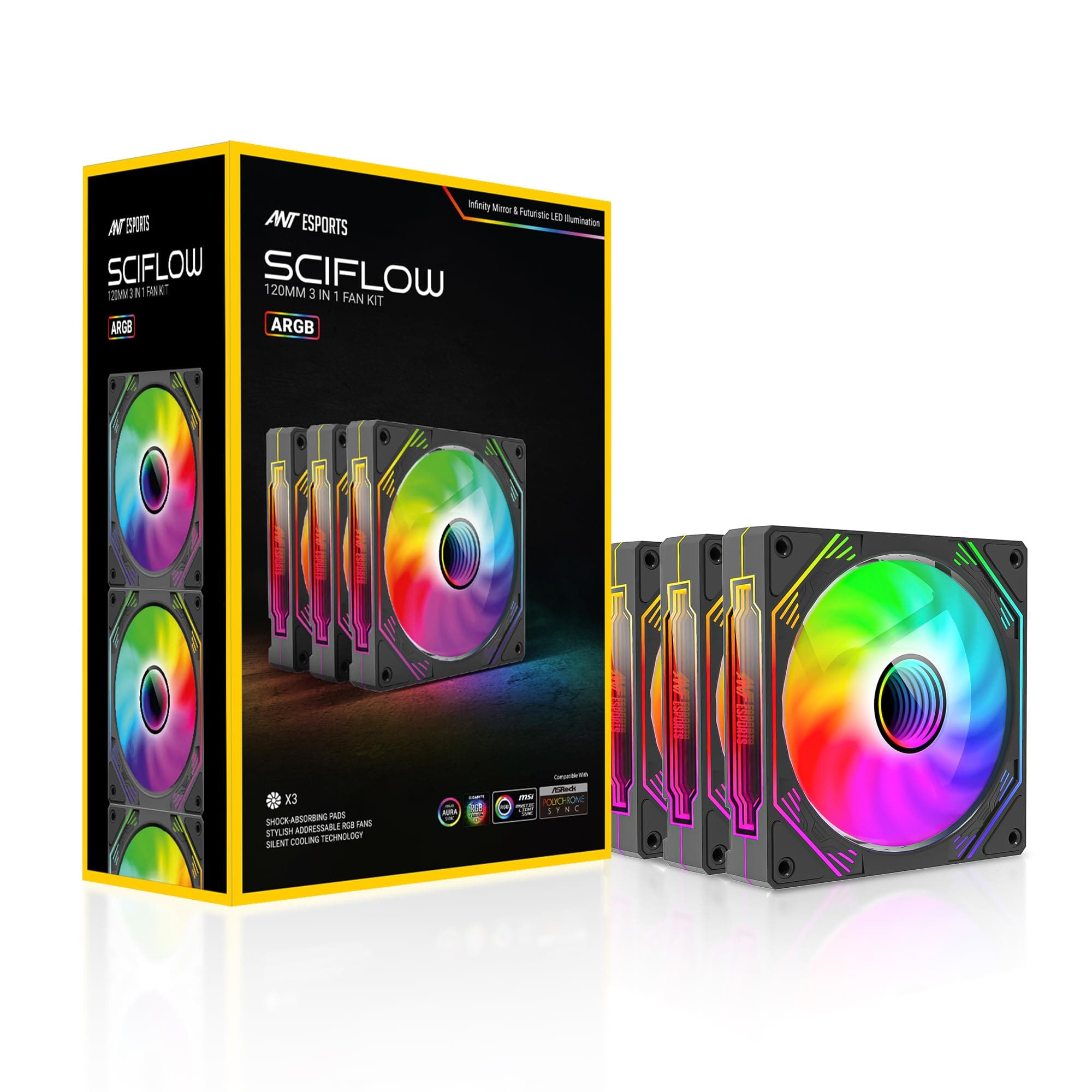 Ant Esports Sciflow 120mm 3 IN 1 ARGB Case Fan Kit - Black, RGB Controller, Remote Controller, PWM Control, 1500 RPM, 65.4 CFM Airflow