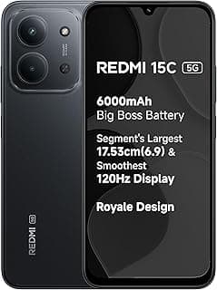 REDMI 15C 5G Midnight Black 4GB + 128GB | Royale Design | Massive 6000mAh Battery | Segment's Largest 17.53cm Display Up to 120Hz | MediaTek Dimensity 6300 | 33W Fast Charging | 50MP AI Dual Camera