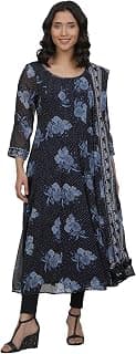 W for Woman Blue Floral Printed Flared Georgette Kurta, Tights and Dupatta Set