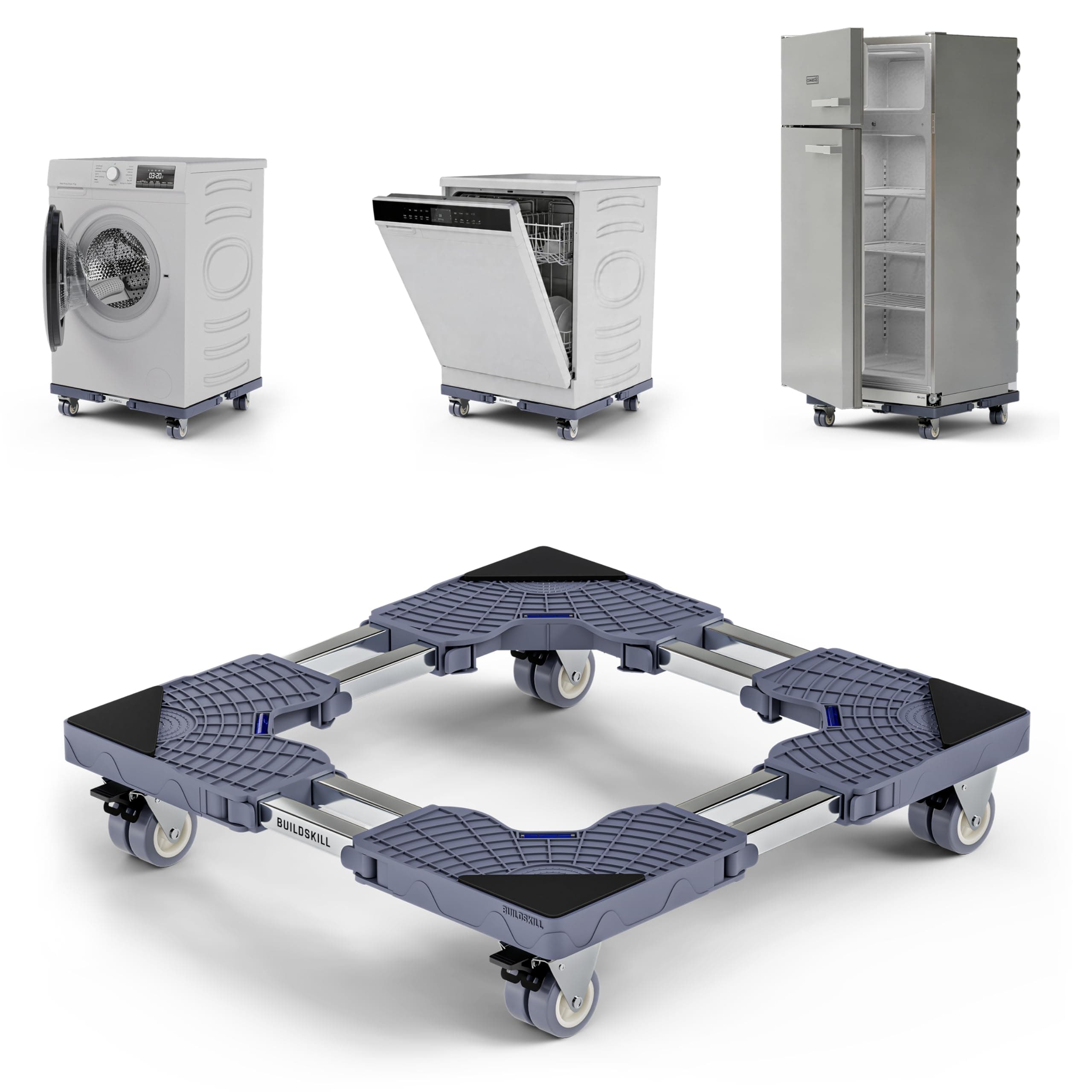 BUILDSKILL Rust-Proof Dual Stainless Steel Tube Washing Machine Stand | 200kg Capacity | Adjustable Size | 360° Locking Wheels | Anti-Vibration & Anti-Skid | Fits Top/Front Load, Fridge & Dishwasher
