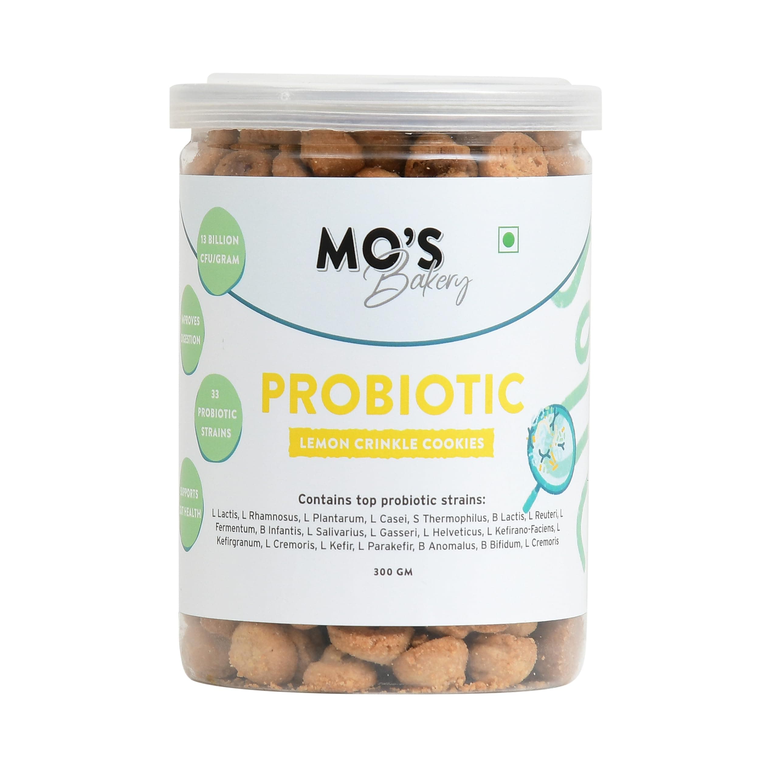 Mo's Probiotic Cookies, 300 G | Lemon Crinkle Digestive Cookies | Probiotic Supplement With 13 Billion CFU | 33 Probiotic Strains | Improve Digestion & Gut Health | Probiotics for Women | Snack Supplement