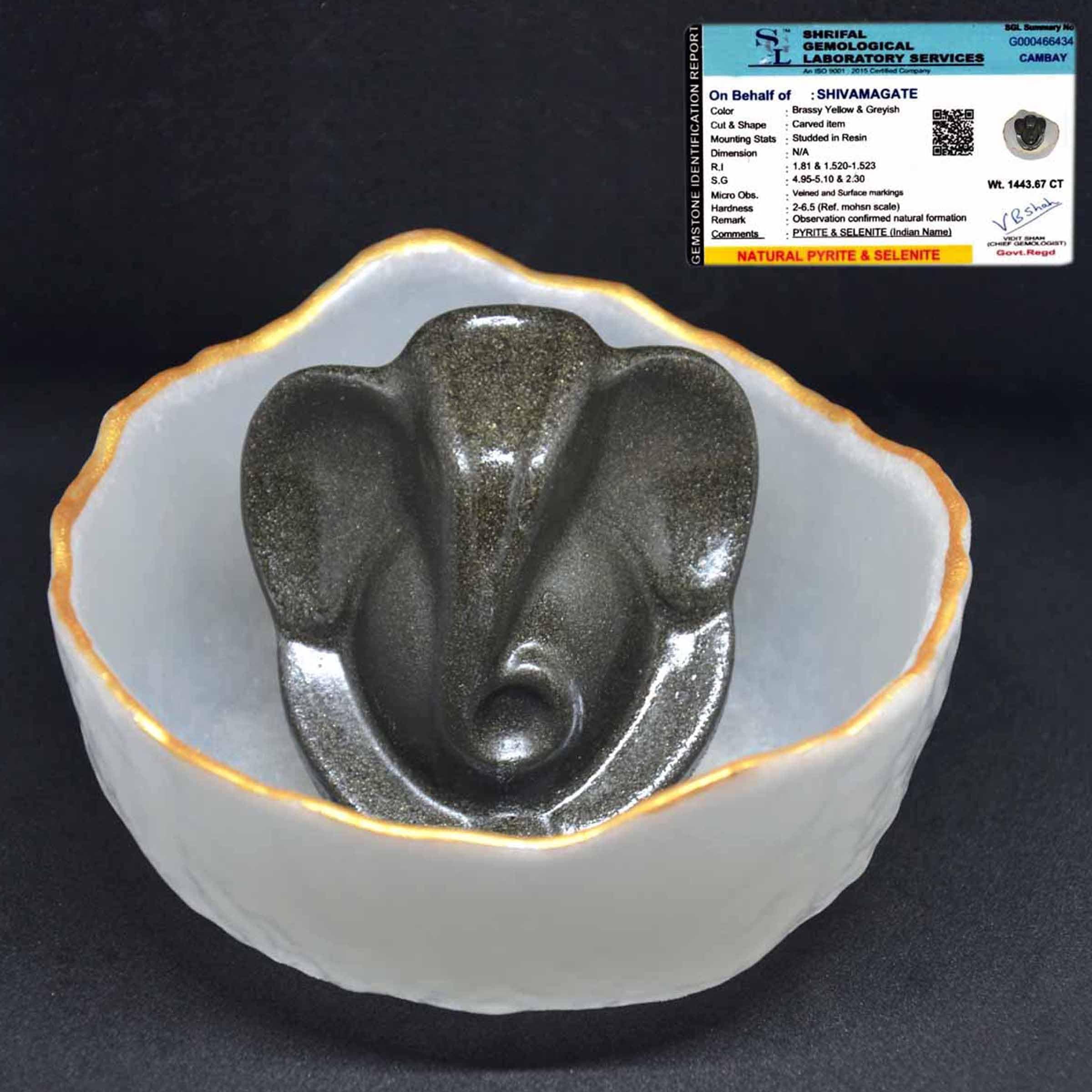 SHIVAMAGATE Natural Certified Pyrite Ganesha Idol with Selenite Orgone Charging Bowl Handmade Lord Ganpati Murti for Vastu,Wealth & Success,Spiritual Crystal Showpiece for Home, Pooja & Office, Decor