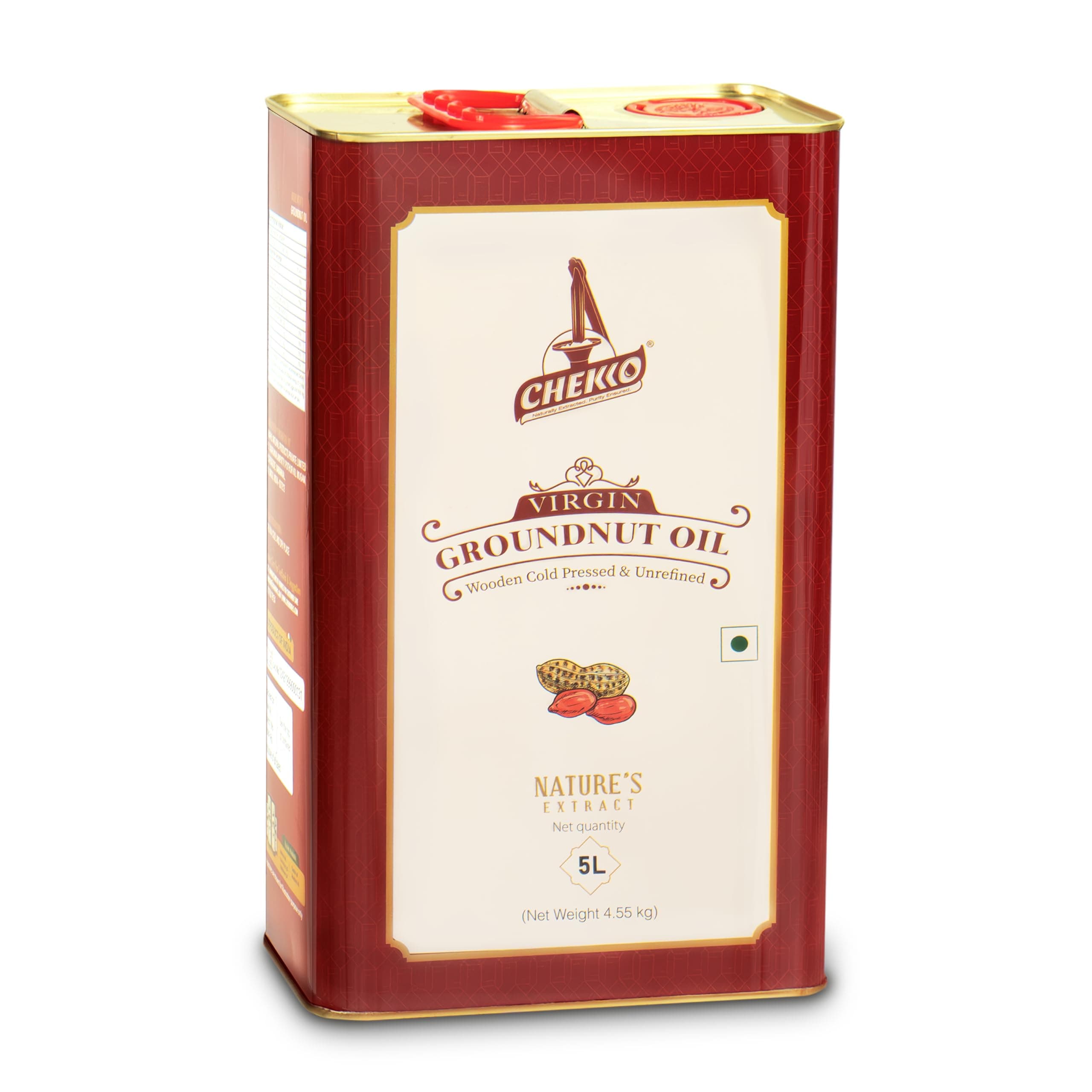 Chekko Cold Pressed Groundnut Oil 5 Litre Tin | Wood Pressed Peanut Oil | 100% Pure, Unrefined & Filtered | Natural Cooking Oil for Frying & Daily Use | Kachi Ghani Mungfali Tel Bulk Pack