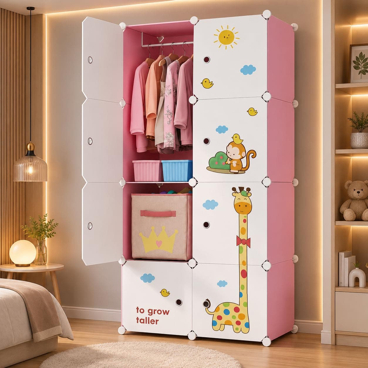 EXVITO 8 Door Kids Plastic Wardrobe for Clothes, Foldable Plastic Almirah for Clothes, Collapsible Wardrobe for Storage, Baby Cupboard for Clothes, Storage Rack for Kids - Dyno Pink