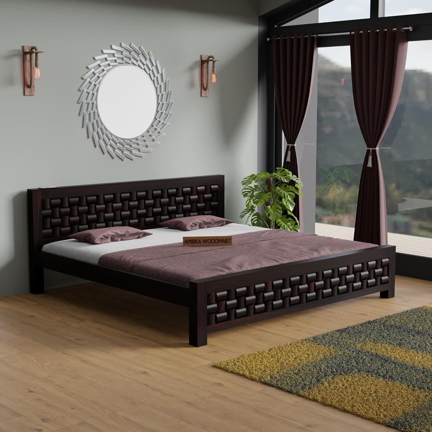 AMBICA WOODMART Sheesham Wood King Size Bed Without Storage Solid Wooden Cot Bed Elegant and Functional Bedroom Living Room Home (Dark Walnut, King)
