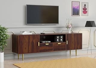 G Fine Furniture Sheesham Wood Entertainment Tv Unit for Living Room | Wooden Tv Cabinet with 2 Drawer, 2 Doors & 1 Shelf Storage | Media Console Tv Cabinet for Drawing Room (Walnut Finish & Golden)