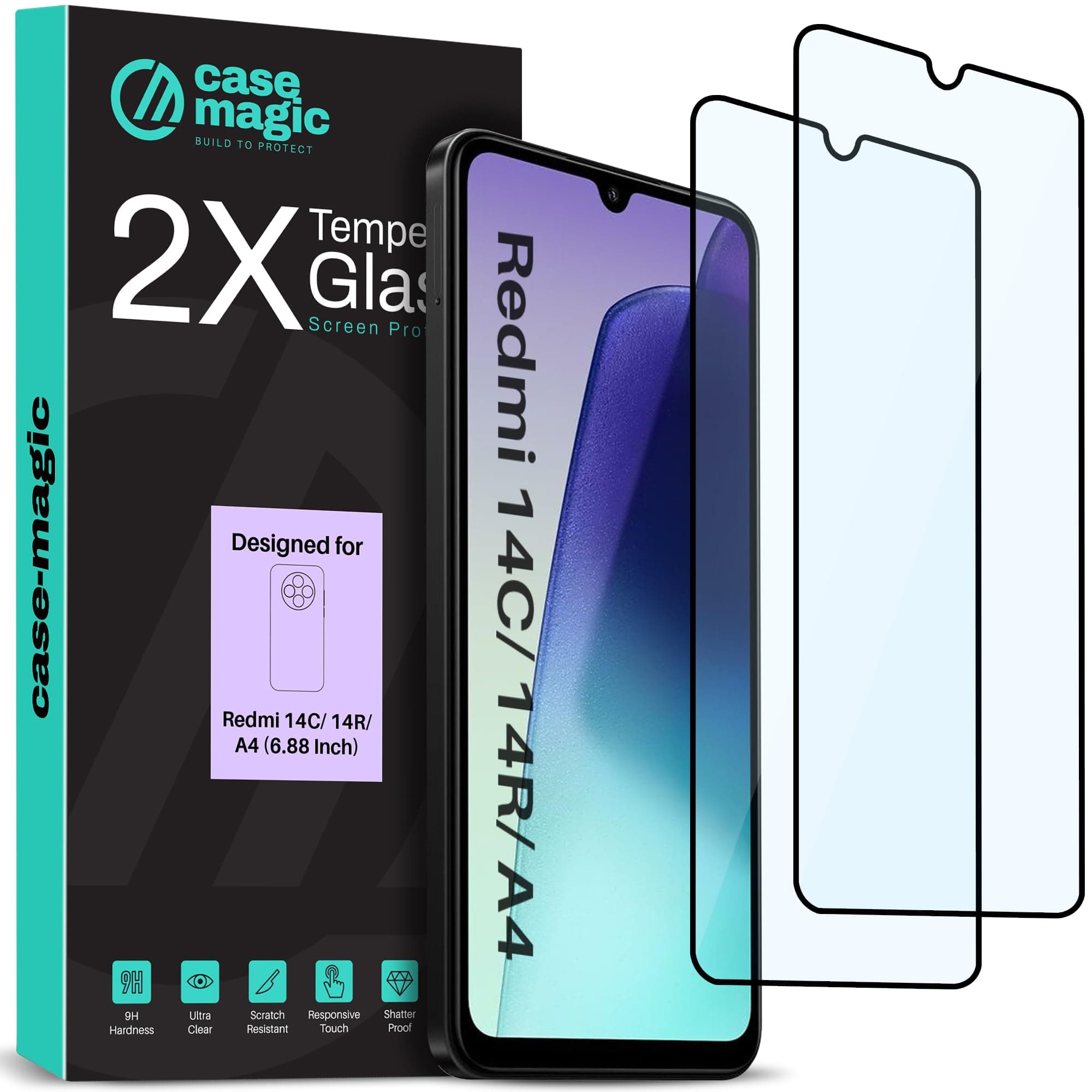 case-magic Pack of 2 Tempered Glass Screen Protector for Redmi 14C 5G, Redmi 14R 5G, Redmi A4 5G (6.88 Inch) – 9H Hardness, Scratch Resistant, Ultra Clear, Responsive Touch, Bubble-Free