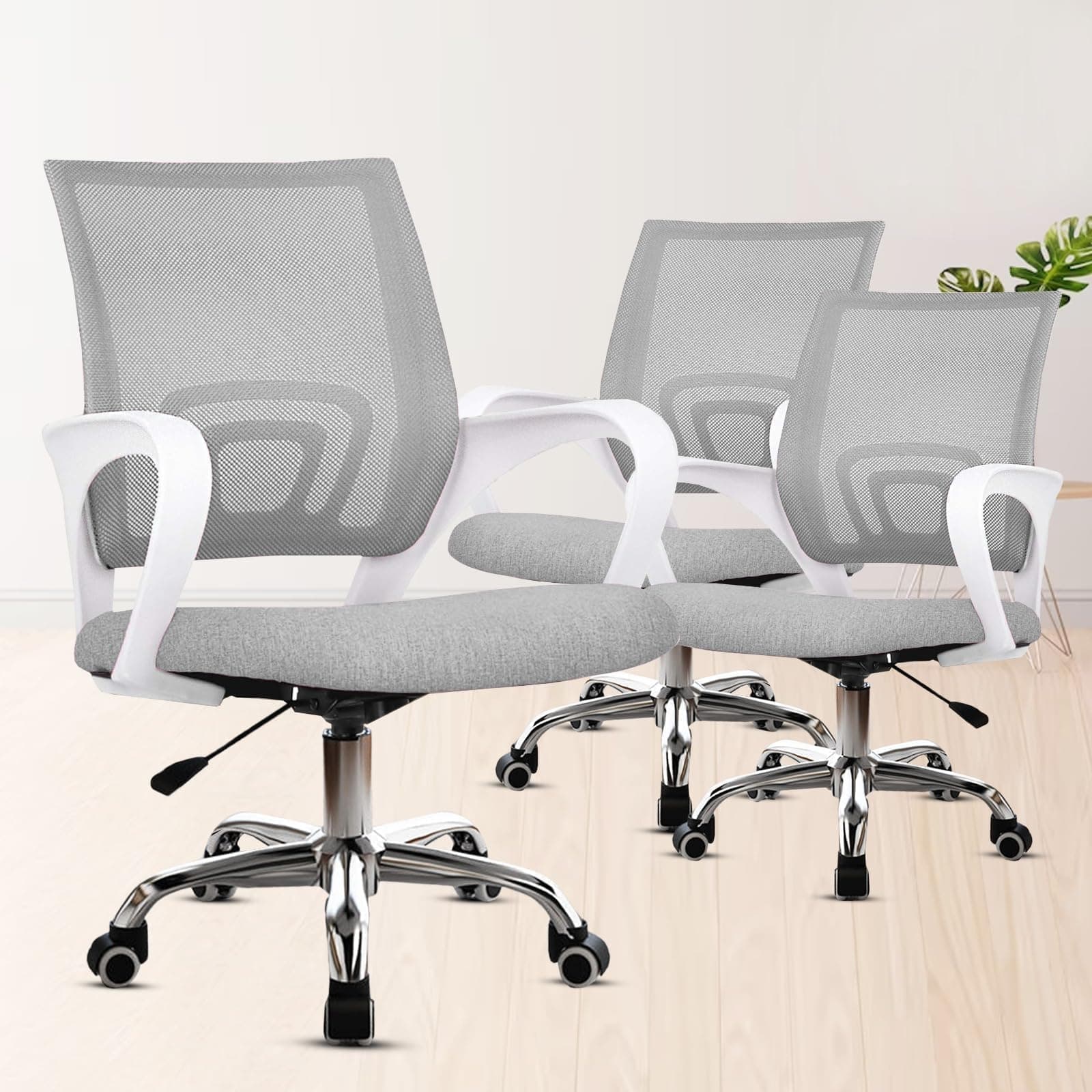 Casa Copenhagen (Pack of 3 Ergonomic Desk Mesh Computer Chair with Lumbar Support Armrest Executive Rolling Swivel Adjustable Mid Back Office Chair - Grey & White Handle