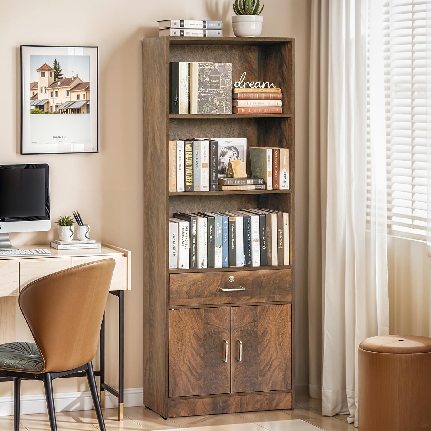 ABOUT SPACE 6 ft Book Shelf - Wooden Book Rack with 3 Open Shelves, 1 Lockable Drawer & 1 Closed Cabinet with Magnetic Door, Easy to Assemble Display Cabinet for Home (Walnut- L 57 x B 30 x H 179cm)