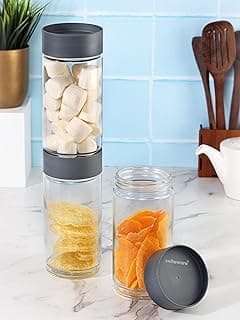 CELLO Modustack Glassy Storage Jars For Kitchen Set of 3 Pcs, 1000 ml Grey |Freezer & Fridge Safe Airtight Stackable Leadfree Toughened Glass Kitchen Storage Container For Beans, Whole Grains, Spices
