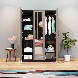 Wakefit Wardrobe for Bedroom | 1 Yr Warranty | Cupboard for Bedroom, Almirah, Wooden Wardrobe, Multi-Shelves Storage with Mirror Drawer & Hanger, Density:680–750 kg/m³, Free Installation (Cashmere-WM)
