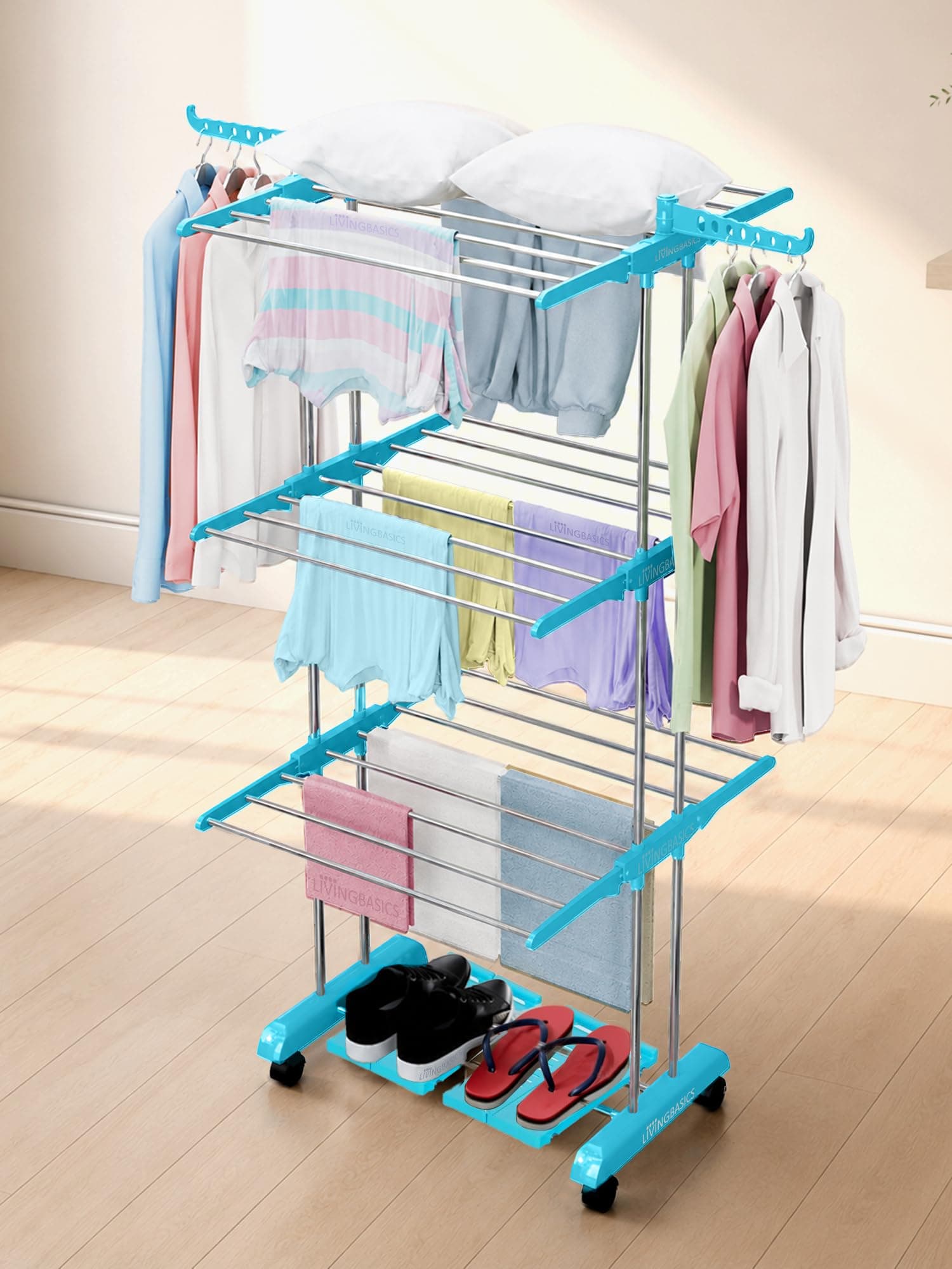 LIVINGBASICS 3 Layer Clothes Stand for Drying, Cyan Blue + 4 Shoe Shelves