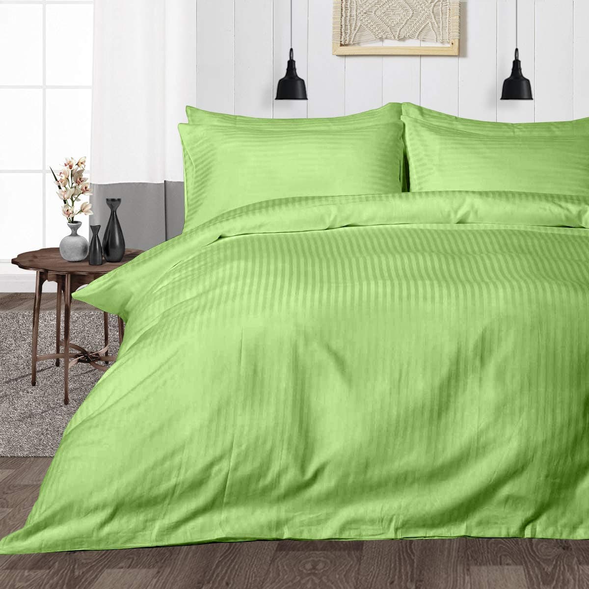 Shri Anand Creations Premium Satin Stripe Plain Solid Duvet Cover/Quilt Cover/Comforter Cover/Rajai Cover for Home, Hotel and Resorts. (Pista Green, Single)
