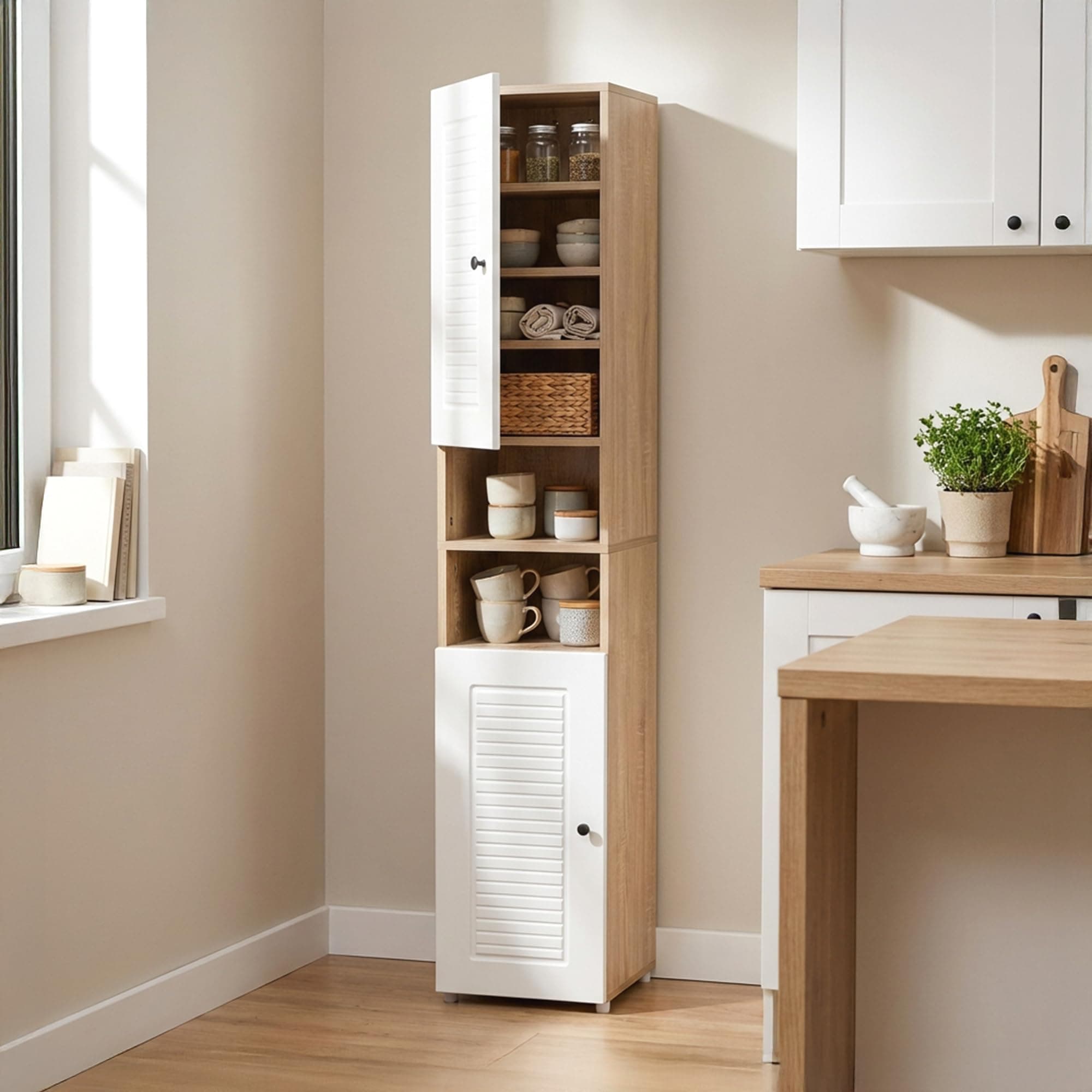 Rocco Lofty Tall Storage Cabinet with Engraved Doors | Engineered Wood Sideboard with Soft-Close Hinges & Scratch-Resistant Matte Finish | Living Room Dining Bedroom (Stripes, Tall Size)