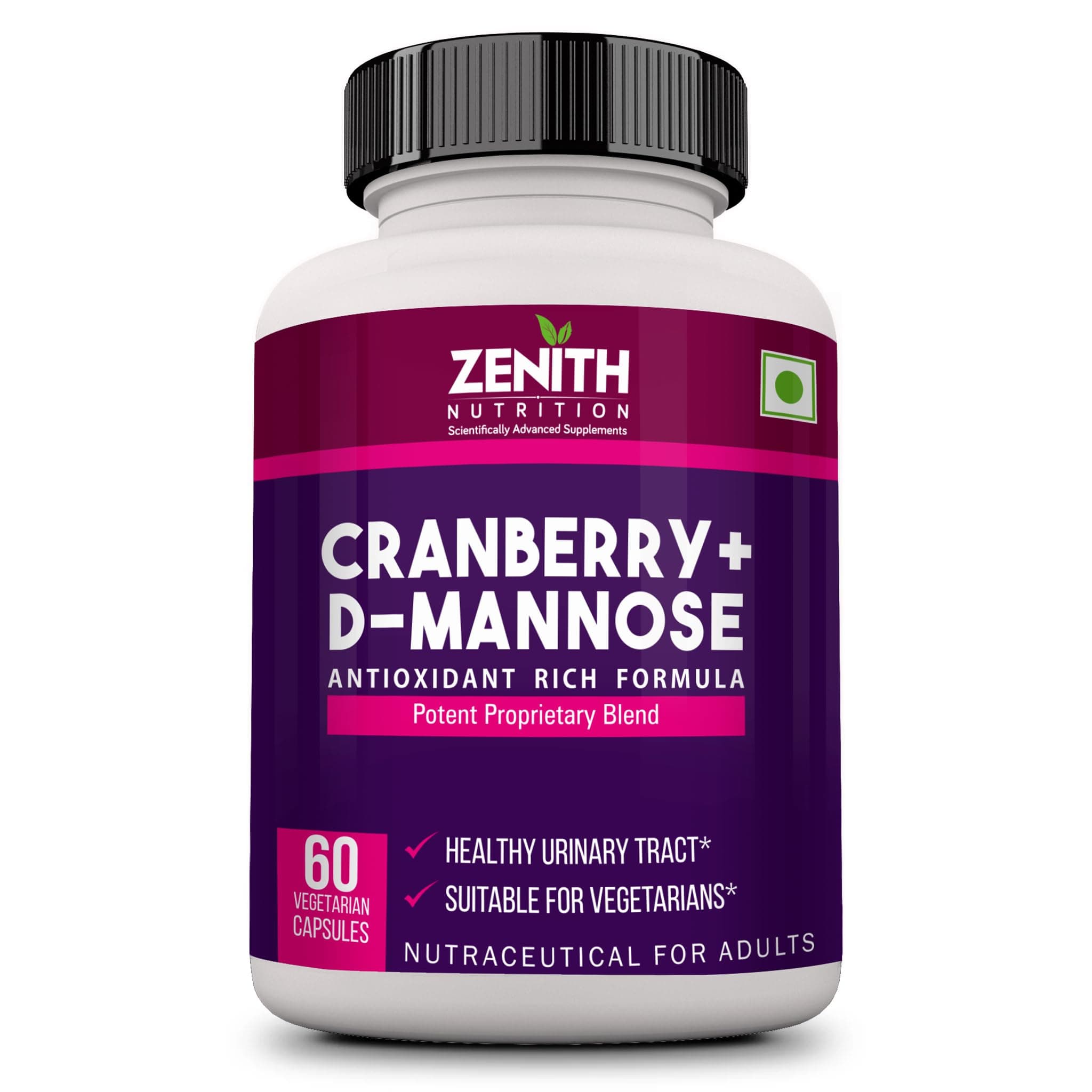 Zenith Nutrition Cranberry + D-Mannose - 60 Veg capsules | Lab tested | Antioxidant Support for Urinary Tract Health