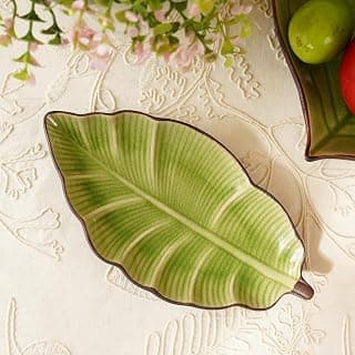 PURE HOME + LIVING Light Green Ribbed Ceramic Leaf Platter - Botanical Decorative Serving Tray, Hand-Finished Glossy Stoneware Plate, Luxury Centerpiece (Pack of 1) (18X9.5X2CM)