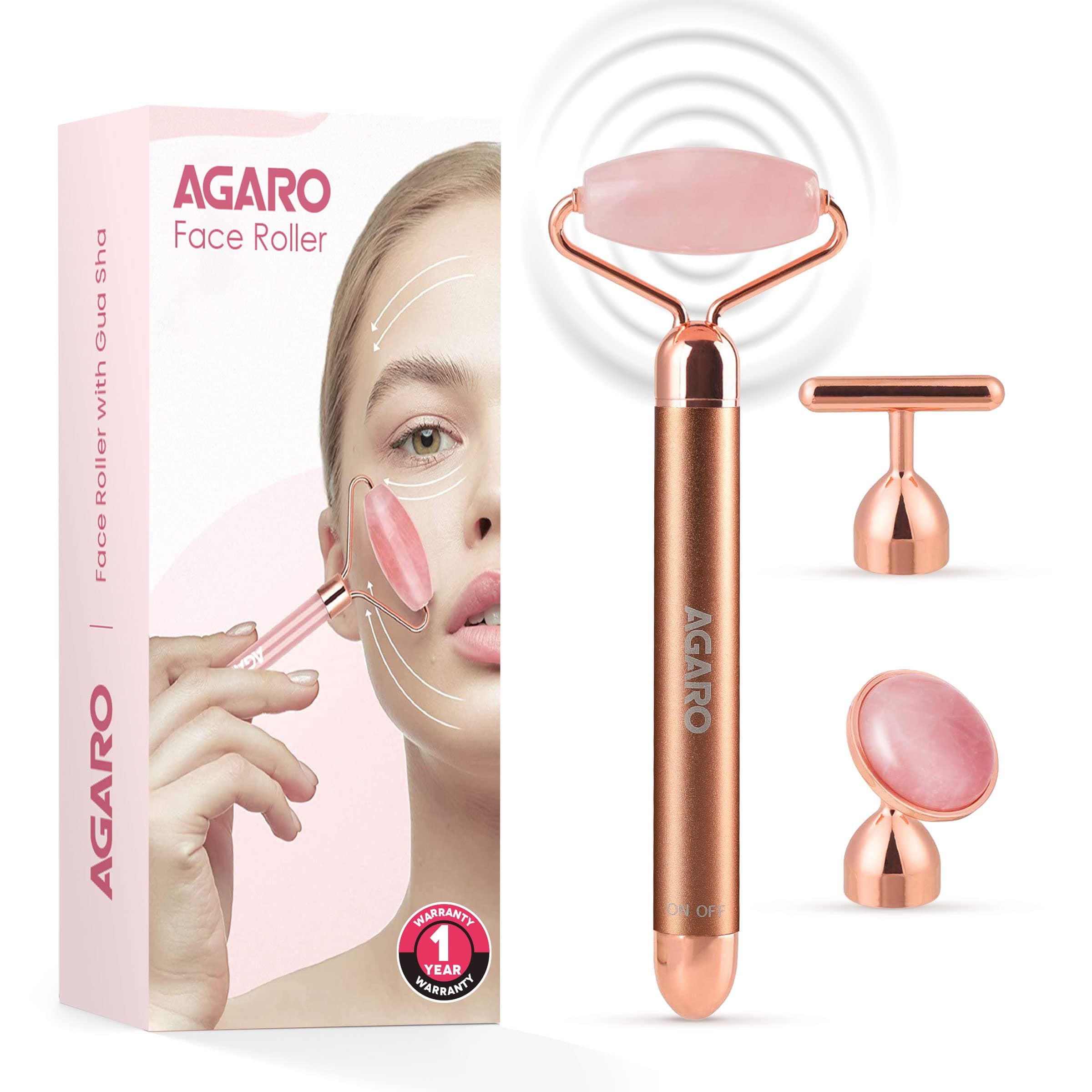AGARO 3-In-1 Electric Rose Quartz Face Roller, Facial Roller Kit for Face, Eye, Neck, Anti-Aging Facial Massager for Anti-Wrinkles, Skin Firming and Lifting, (Rose Gold)
