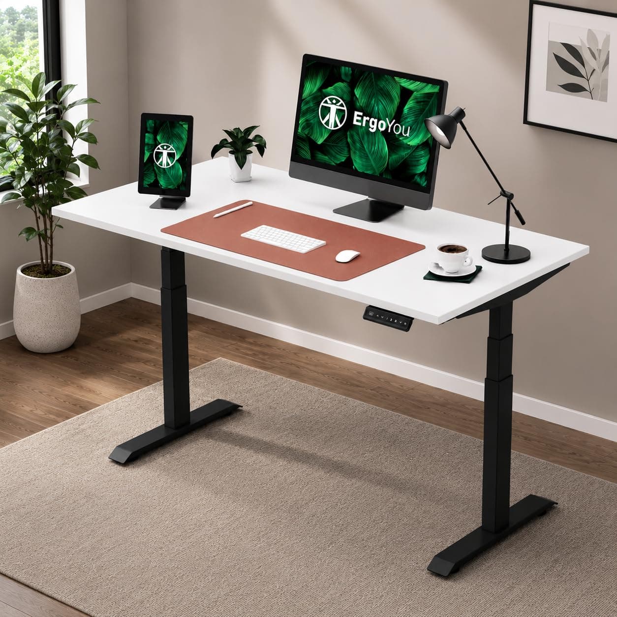 ErgoYou Premium Electric Height Adjustable Table Heavy Duty - Dual Motor 3 Stage - 150 Kgs Max Weight Capacity - E3A Series - Ergonomic Sit Stand Desk - 59 x 29.5 inches - White Laminate Table Top