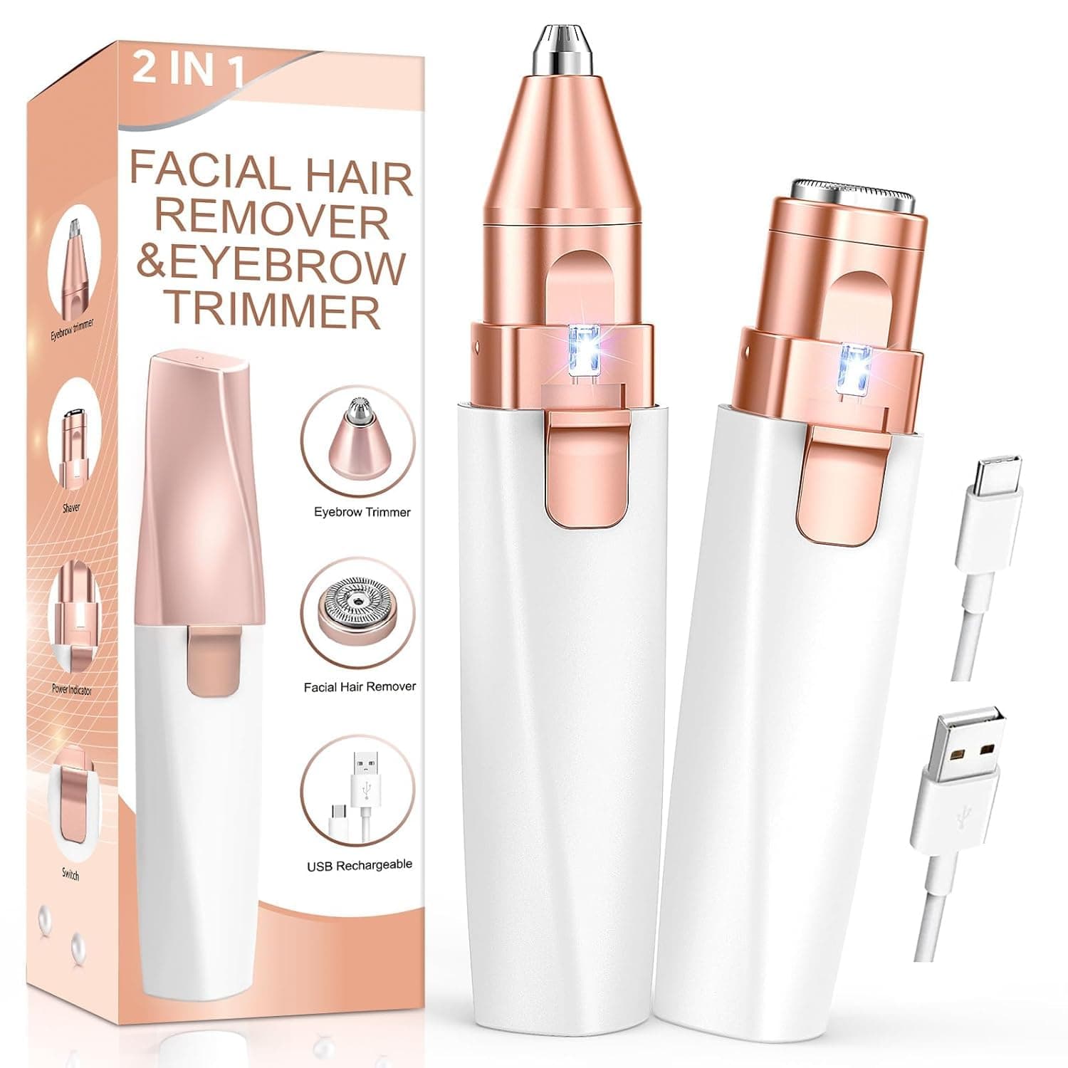 Cleanfly Facial Hair Remover For Women, 2 In 1 Rechargeable Eyebrow Trimmer & Face Hair Remover For Women With Led Light - Electric Hair Trimmer For Women Face & Body, White