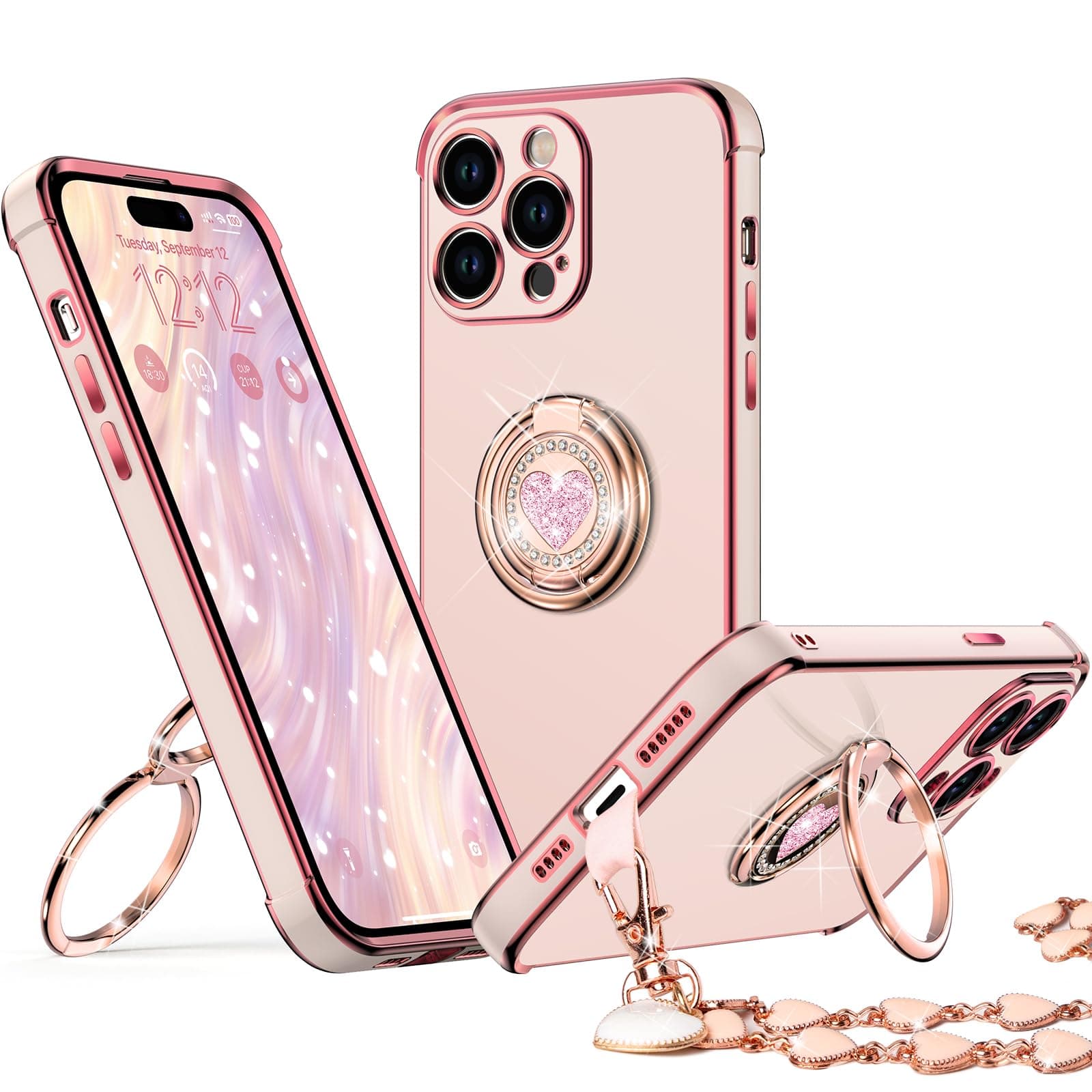 XYZ for iPhone 14 Pro Max Back Cover Case with Stand, Phone Case with Double Ring Kickstand, Women Girls Bling Luxury Protective Case Heart for iPhone 14 Pro Max, Pink