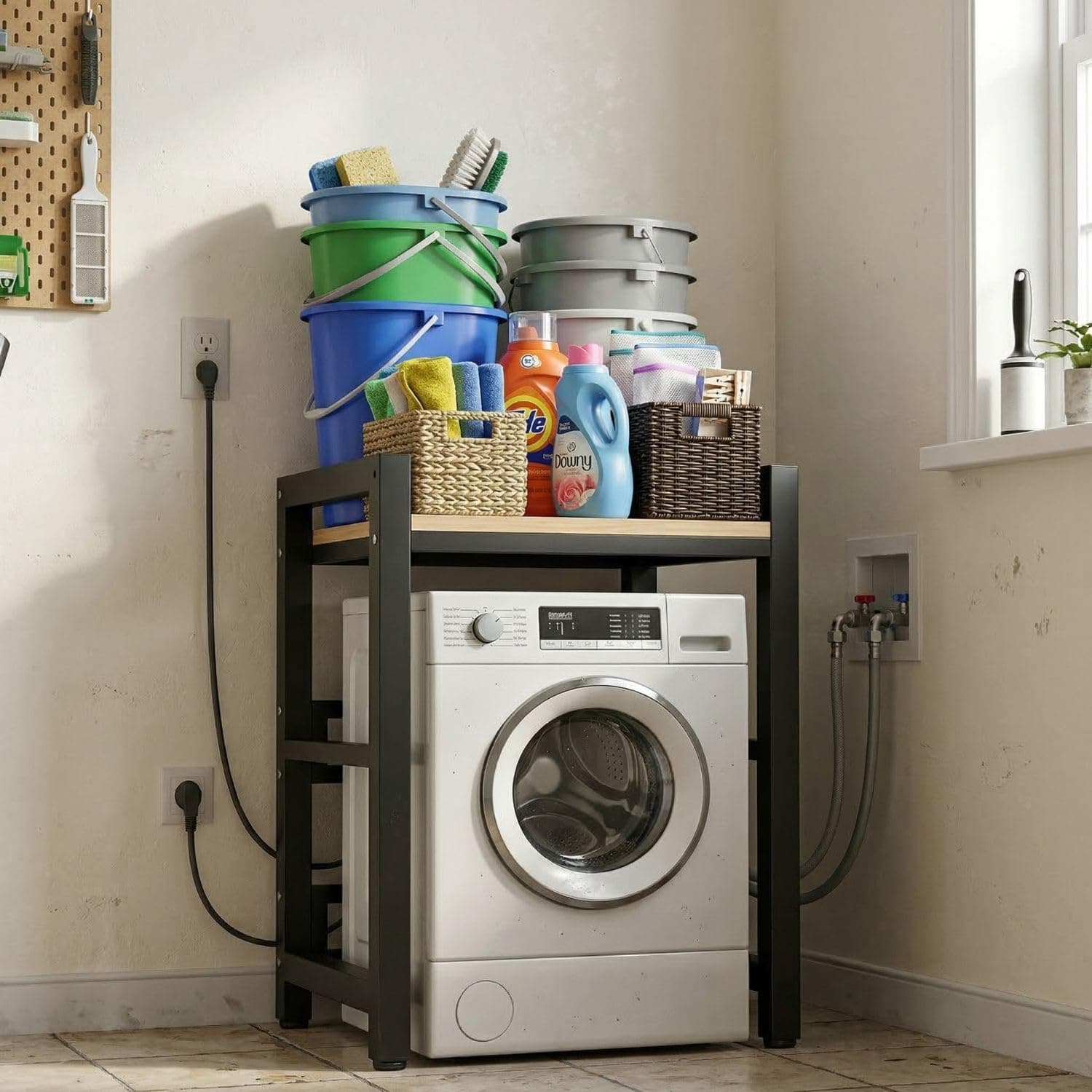 Heavy Duty Washing Machine Stand for Home | Double Layer Laundry Rack | Front Load Washer & Dryer Stacking Stand | Anti-Vibration Metal Frame | Space Saving Organizer for Bathroom & Utility Area