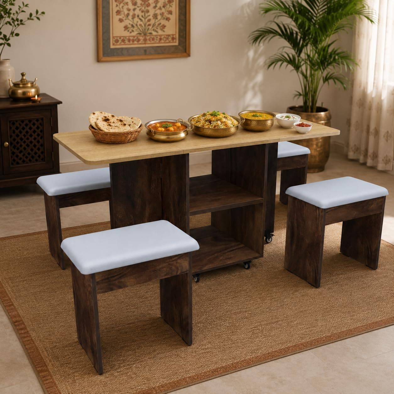 Studio Kook Bonbon 4 Seater Folding Dining Table with Inbuilt Seating | Engineered Wood Space-Saving Dining Table on Lockable Wheels | Compact Dining Set for Home (Matte Finish) (Junglewood)