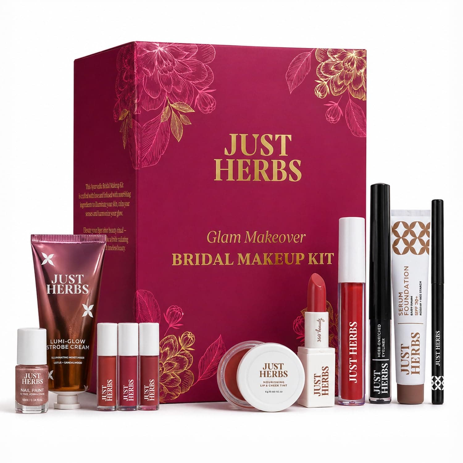 Just Herbs Wedding Kit Glam Essentials With Matte Lipstick|Lip & Cheek Tint|Strobe Cream|Kajal|Sindoor|Eyeshadow Palette|Nail Paint|Serum Foundation|Blush Drops Makeup Kit For Women (Pack Of 9)