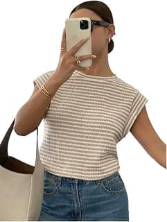 Jawdrobe Women’s Striped Western Top Round Neck Cap Sleeve T-Shirt for Women