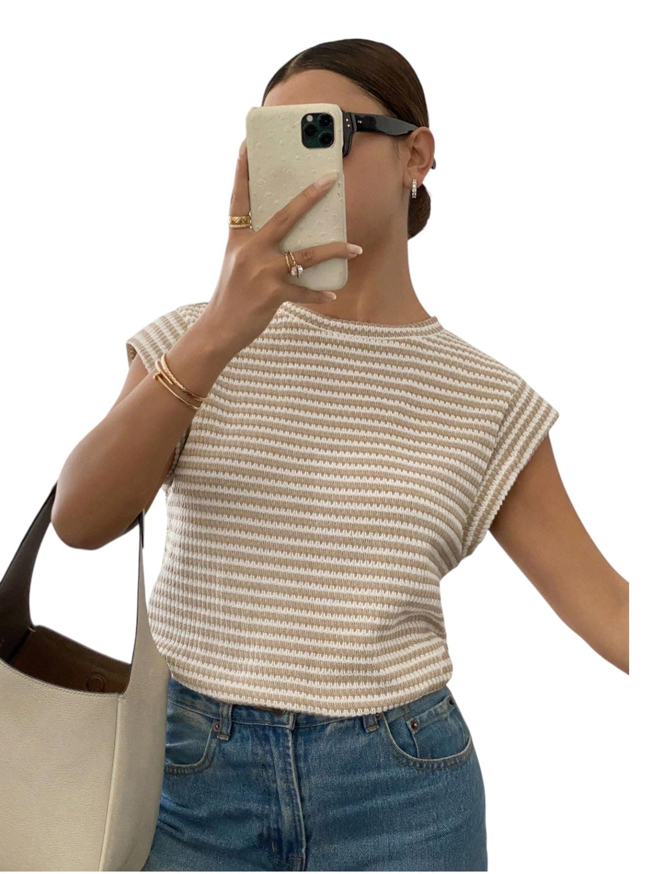 Jawdrobe Women’s Striped Western Top Round Neck Cap Sleeve T-Shirt for Women