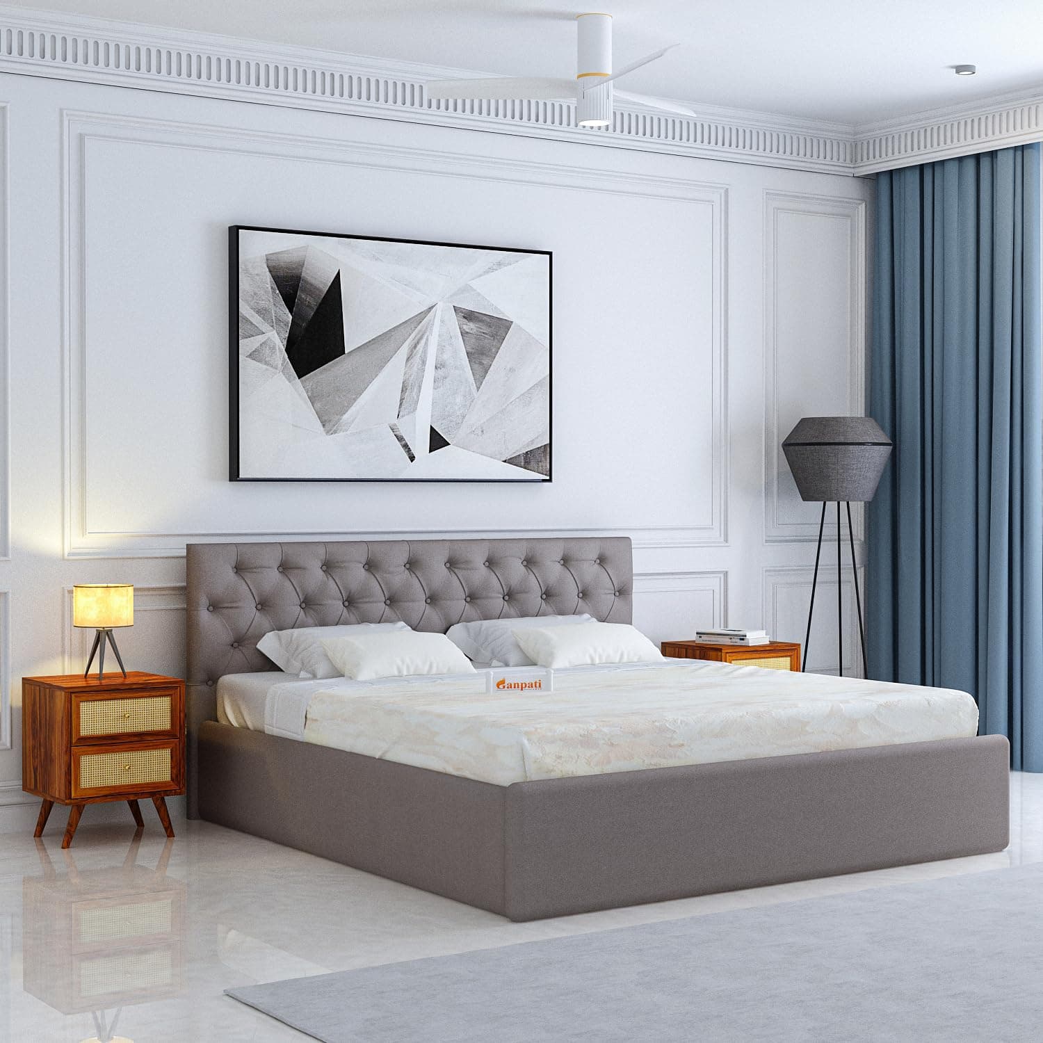 Ganpati Arts Solid Sheesham Wood Upholstered King Size Bed with Box Storage and Tufted Headboard | Durable Wooden Double Bed Cot Palang for Bedroom, Hotels and Home Furniture (Grey-1 Year Warranty)