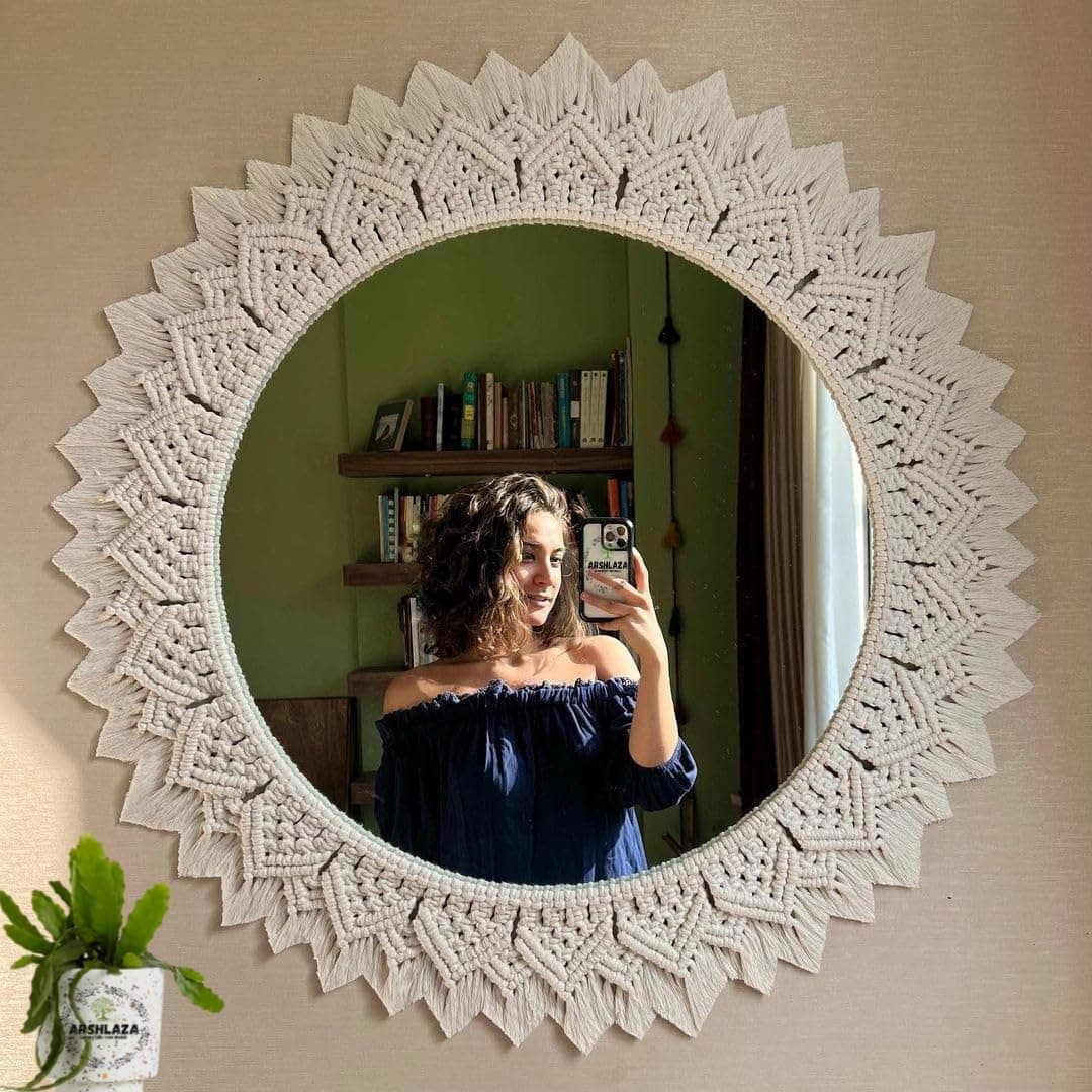 Lachicraft | Macrame Round Mirror for Bedroom Decor Handmade Boho Wall Hanging Aaina for Make Up Dressing and Living Room Party Home Decoration, Off-White, 17 X 17 Inches, 1 Piece