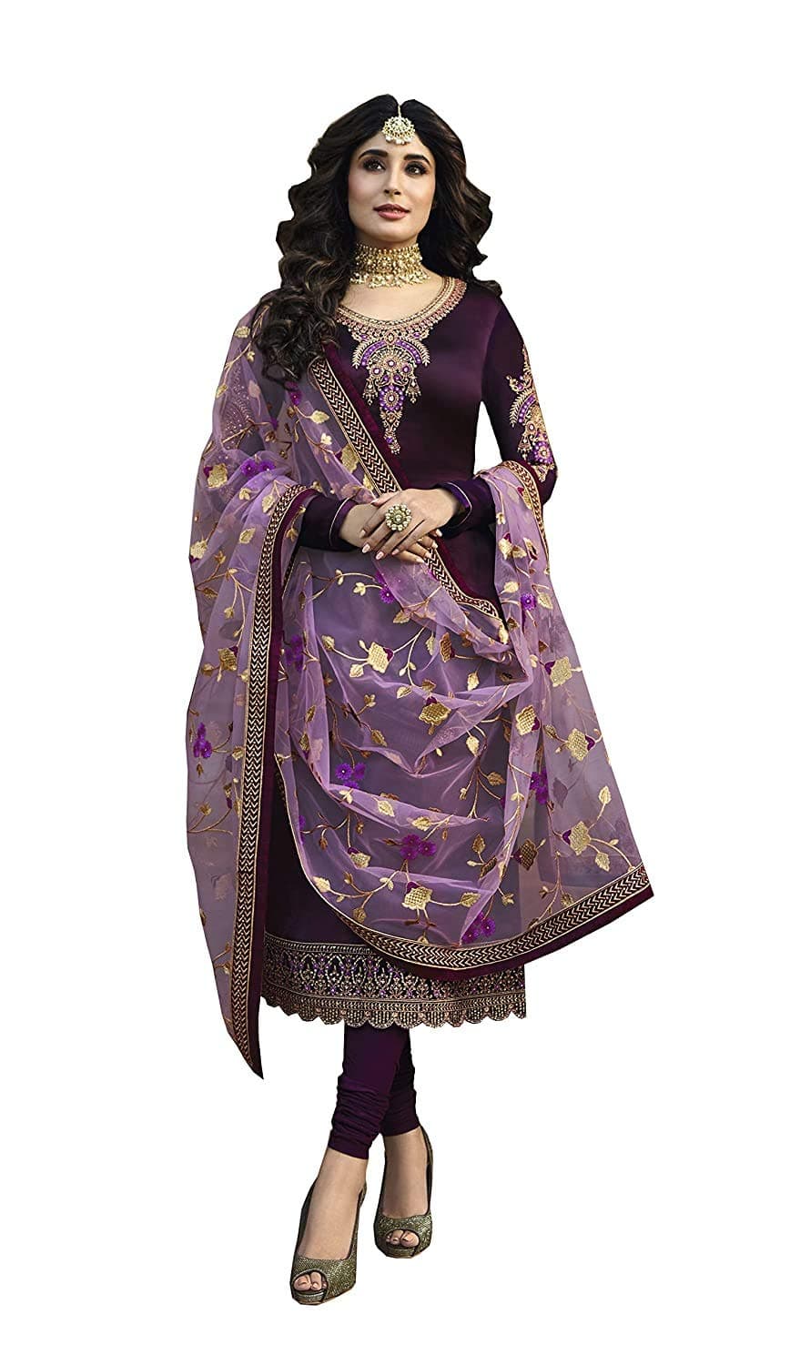 Miss Ethnik Women's Maxi Semi Stitched Anarkali Gown (ME-997_Purple_Free Size)
