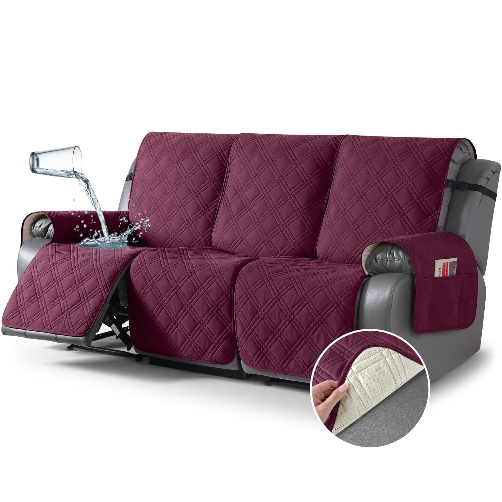 TAOCOCO 100% Waterproof Recliner Sofa Cover, Non Slip Split Couch Covers for Reclining Couches with Elastic Straps (3 Seater, Wine)