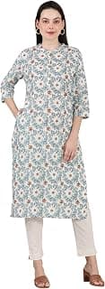 W for Woman White Mandarin Collar Pure Cotton Straight Kurta with Green & Orange Floral Print