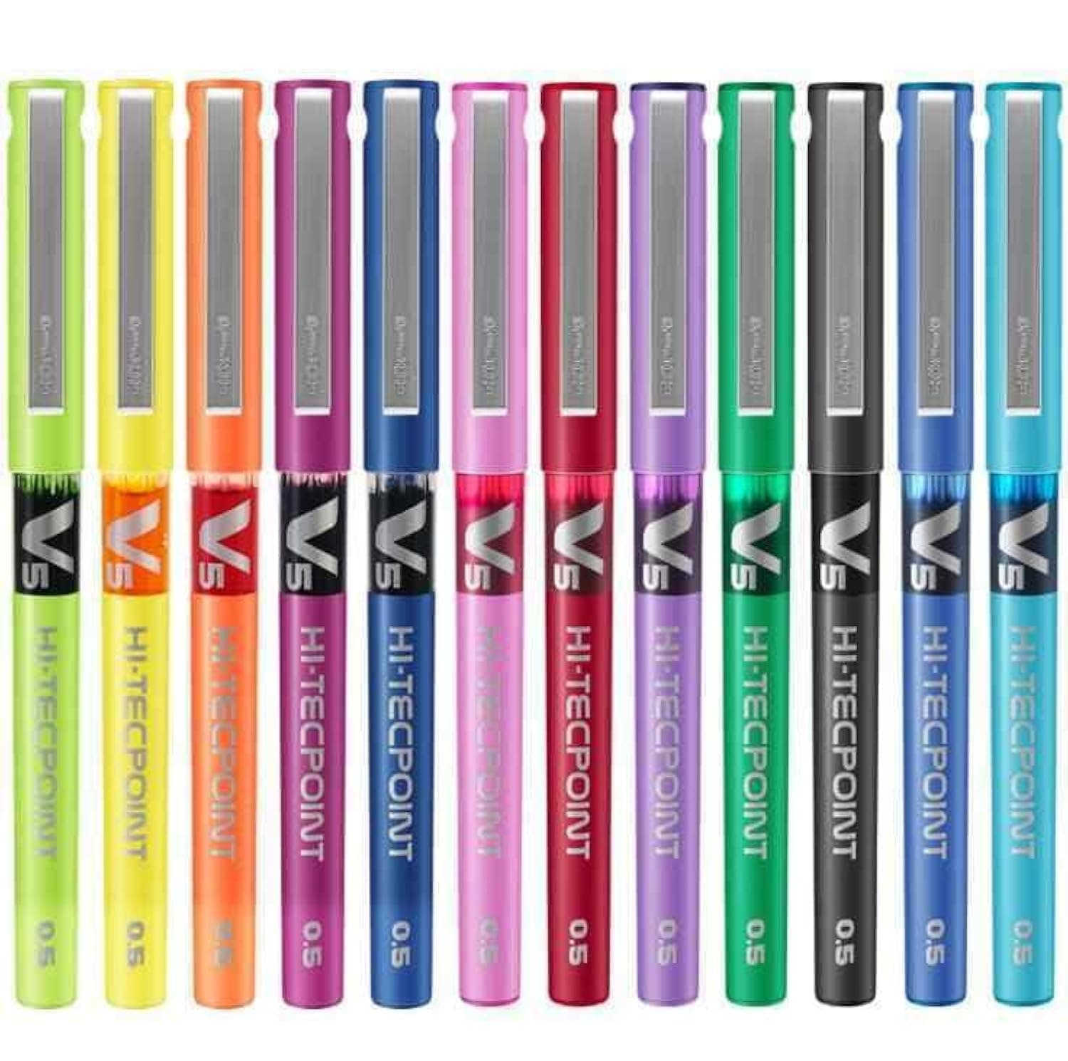 Pilot Hi-Tecpoint V5 Multicolour Set Roller Ball Pen (Pack of 12, Blue, Black, Red, Green, Orange, Yellow, Pink, Violet, Light Blue, Dark Red, Blue-Black, Lime Green)