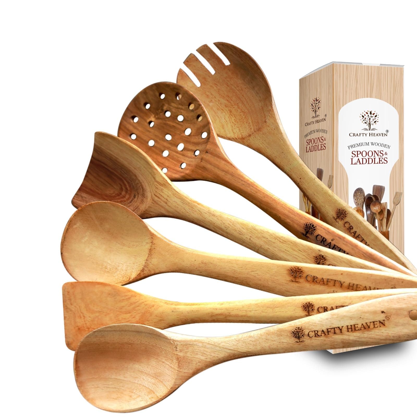 Crafty Heaven Wooden Spatula & Ladles | Premium Neem Wood Utensils for Cooking | Lakadi ka Chamach | Non-Stick Cookware Safe | Kitchen Tools | BPA Free | Made in India - Set of 6