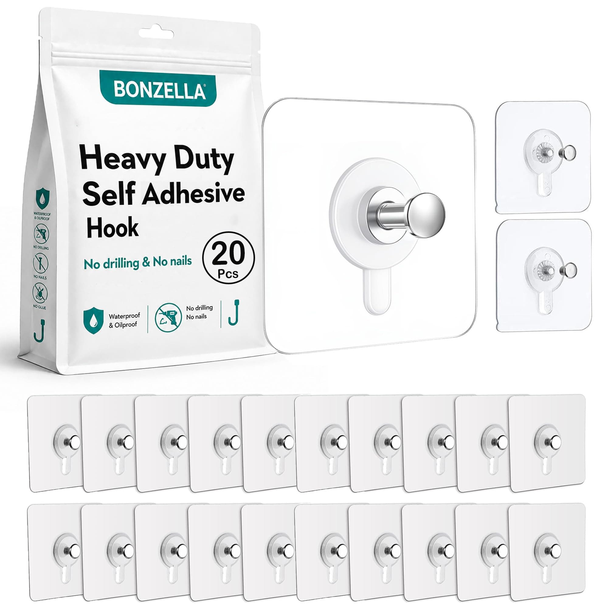 BONZELLA 20 Pcs Self Adhesive Photo Frame Screw Hooks for Wall Without Drilling, Stainless Steel Transparent Sticky Wall Hooks for Hanging Frame, Clock, Keys, Home & Kitchen