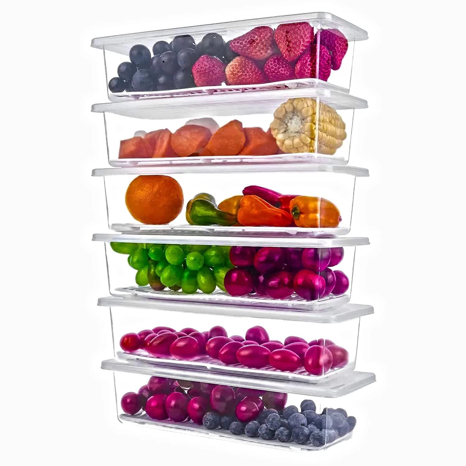 Xiran Fridge Storage Boxes With Removable Drain Plate And Lid Stackable Fridge Storage Containers Plastic Freezer Storage Containers For Fish,Vegetables,Fruits(1500Ml,Pack Of 4),Brown
