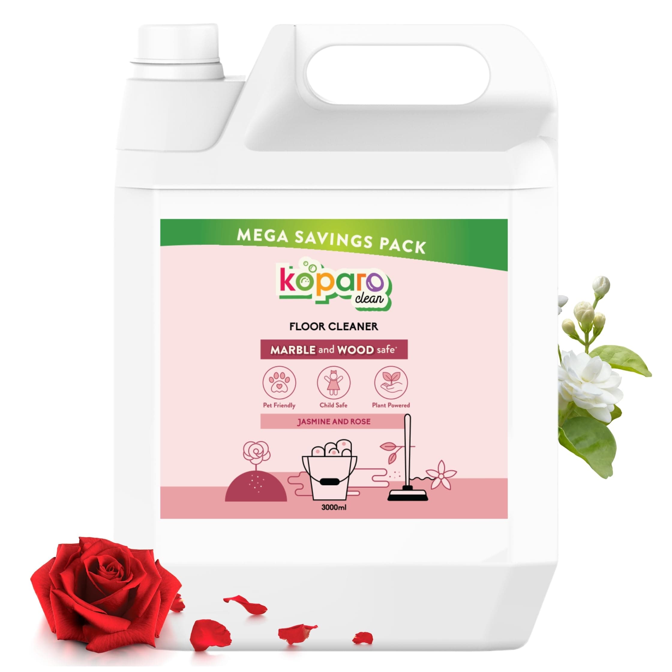 Koparo Natural Disinfectant Surface & Floor Cleaning Liquid | 3 Litre | Plant-Based Non-Toxic Germ Kill Formula | Jasmin Freshness | Safer Than Phenyl | Kids Safe & Pet Friendly