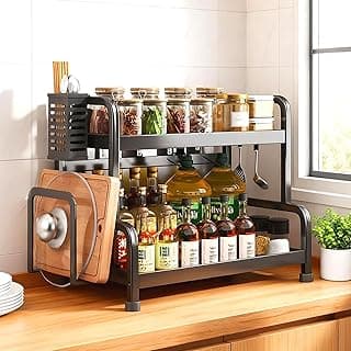 CoolLeaf Kitchen Organizer Rack Steel, 𝟐-𝐓𝐢𝐞𝐫 Spice Rack Organizer With Cutting Board Stand, Cutlery Holder & Hooks, Multipurpose Kitchen Rack Stand for Counter Top Organizer,𝟐𝟎 𝐊𝐆 Load-Black